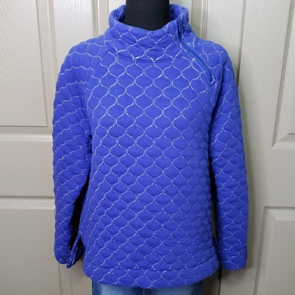 Talbots Tops - T By TALBOTS Quilted Blue Silver Zip Neck Pullover Top Size large
